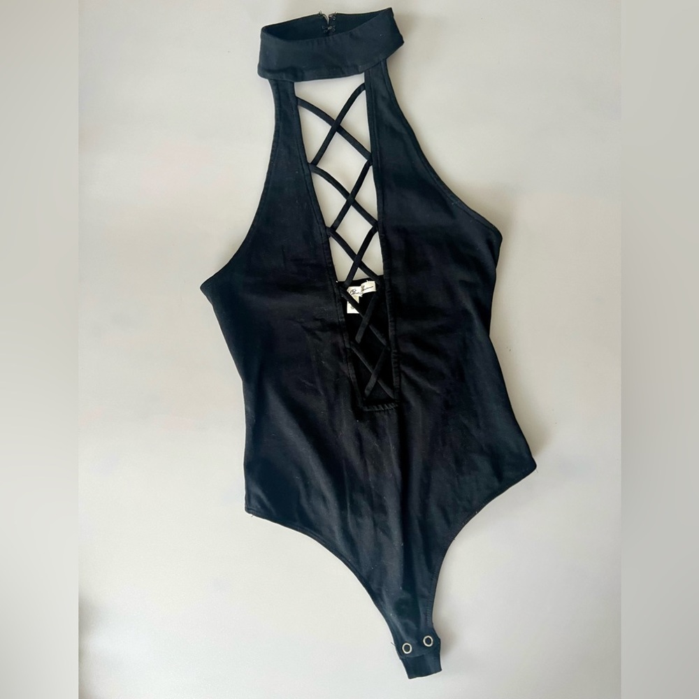Express Dressy Black Lace Cutout Bodysuit. Size XSmall. Like New!